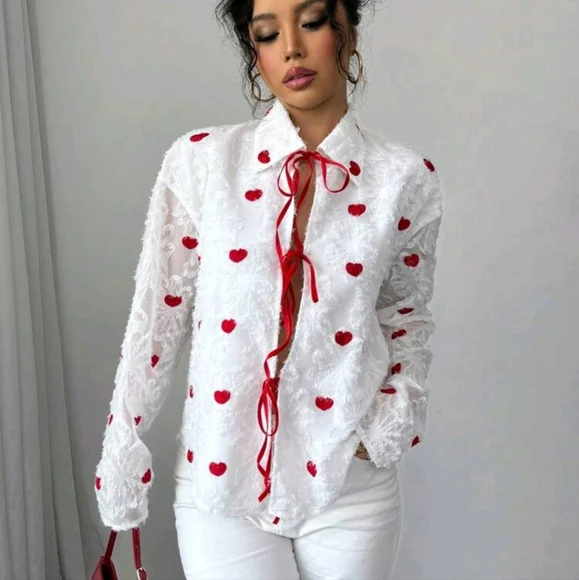 Valentine's Day Heart Cutout Tie Front Women Blouse, Red - Picture 4 of 4
